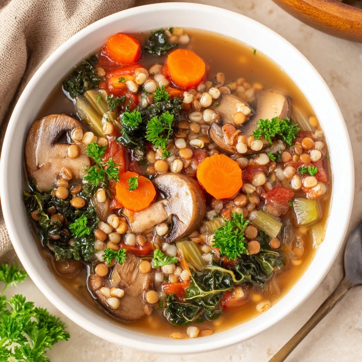 Caldo de Double Lentil and Mushroom Barley Soup espeso y caliente, con lentejas, champiñones y hojas verdes recién sirviéndose en un tazón húmedo.