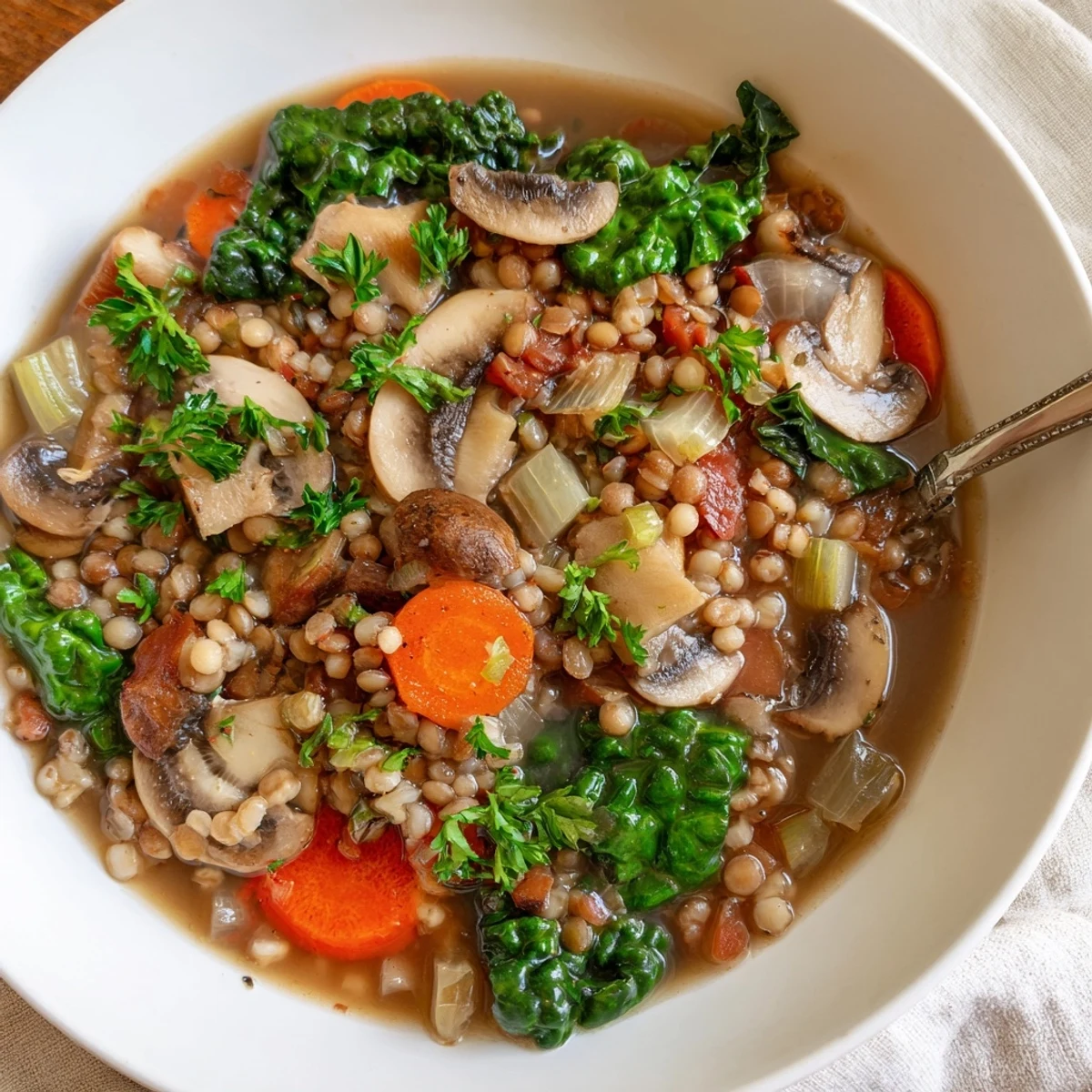 Tazón humeante de Double Lentil and Mushroom Barley Soup con raíces naranjas, champiñones salteados y col lombarda bajo un cielo nublado.