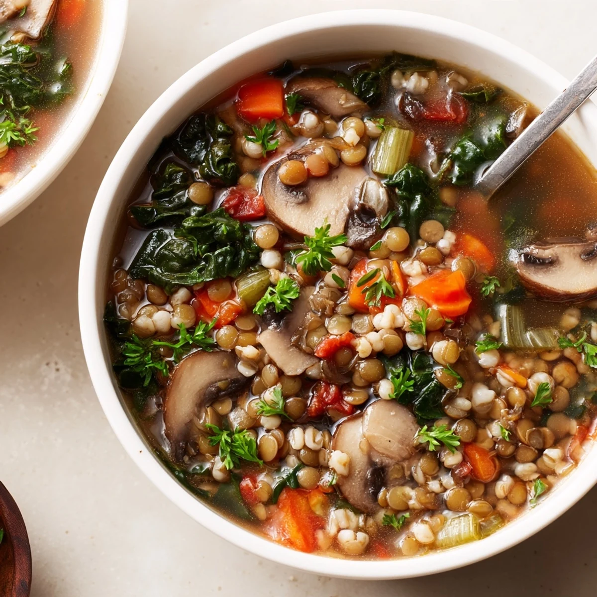 Sopa confortable de Double Lentil and Mushroom Barley Soup lista para comer, llena de lentejas, granos perlados y perejil sobre una mesa de madera.