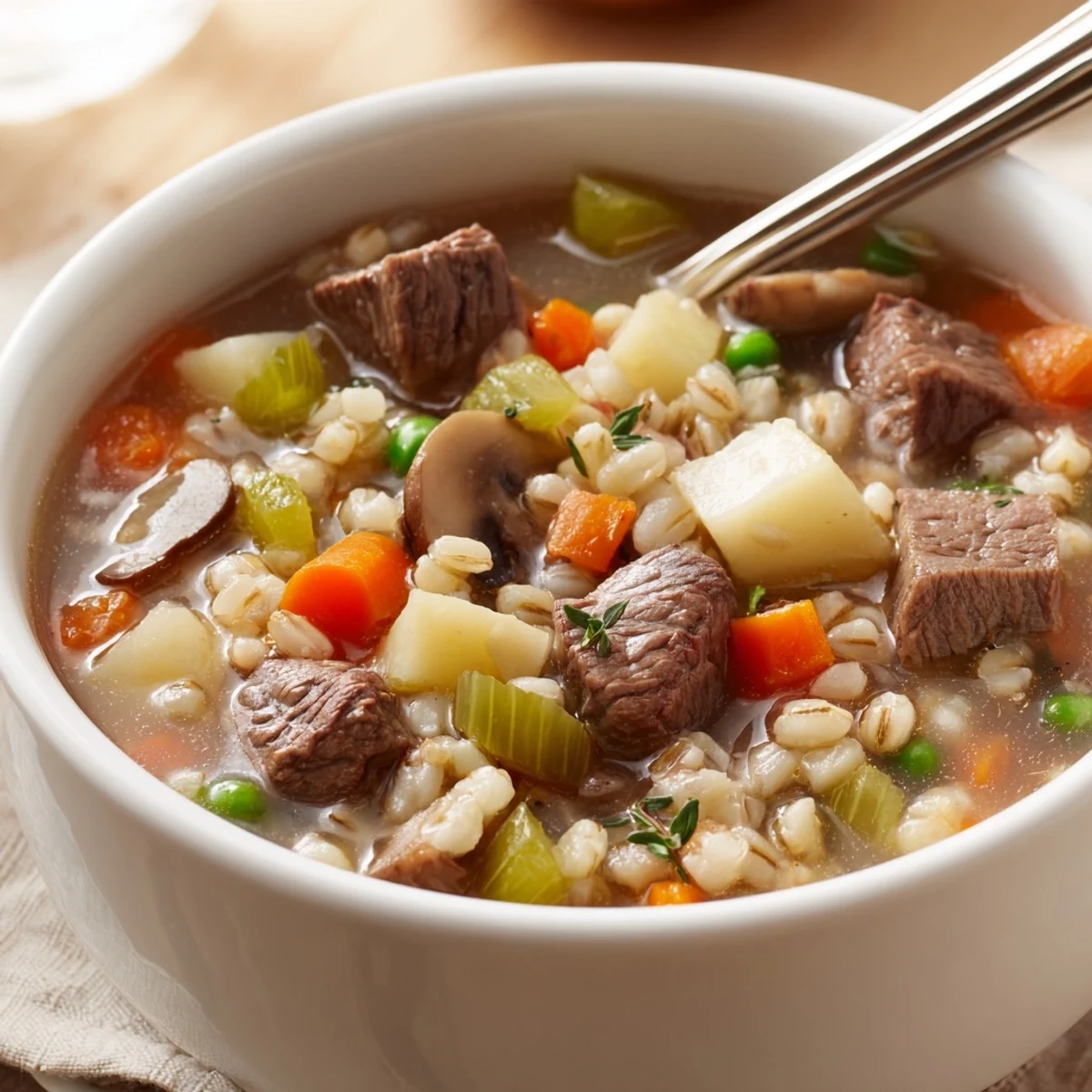 Un bol humeante de sopa de res y cebada con trozos tiernos de carne, zanahorias y guisantes.