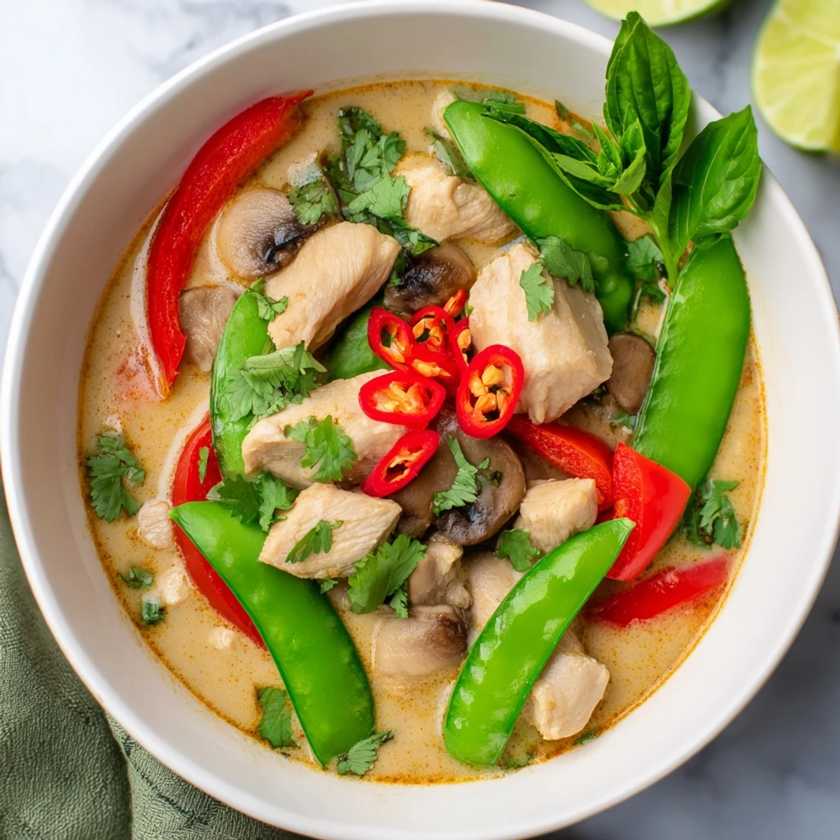 Un bowl humeante de Thai Chicken Coconut Curry Soup con pollo tierno y vegetales en caldo cremoso.