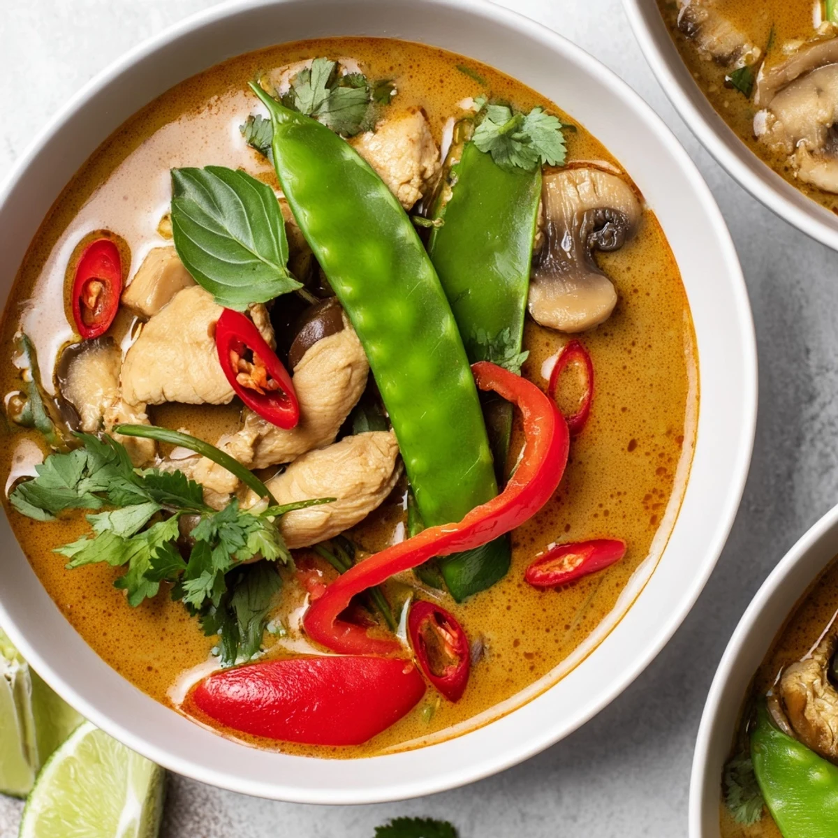 Thai Chicken Coconut Curry Soup, llena de leche de coco, pimiento rojo y shiitake en un cuenco decorado.