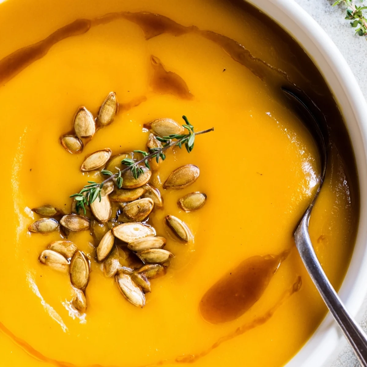 Cremosa sopa de calabaza butternut rostizada con un toque de canela y nuez moscada, servida caliente.
