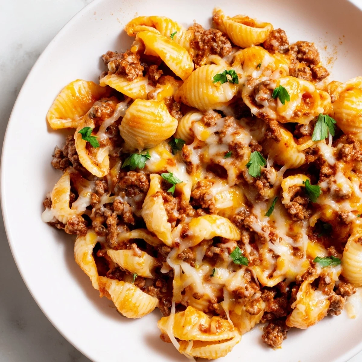 Tazones individuales de pasta rellena de carne molida en una salsa cremosa de tomate, lista para servir en la mesa de una cena familiar.
