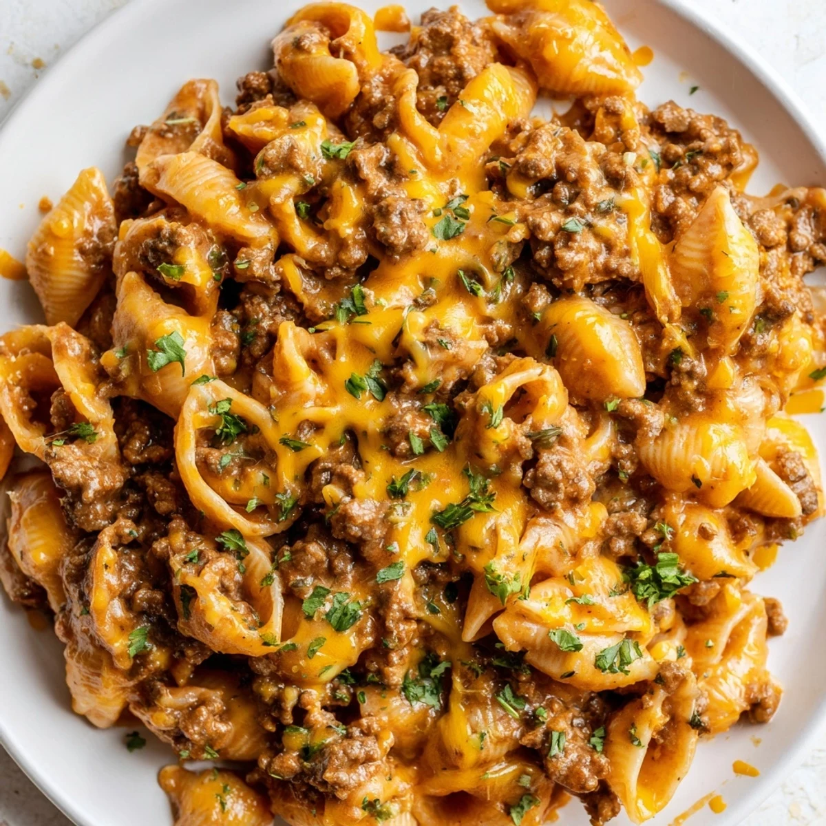 Plato principal hecho en una sola olla con pasta rellena, carne de res y queso derretido, perfecto para una cena rápida y reconfortante.