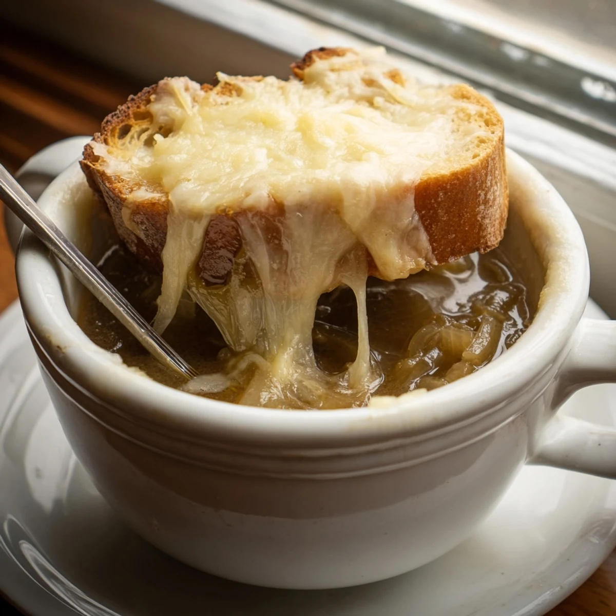 Una tazón humeante de French Onion Soup con cebollas caramelizadas, queso Gruyère derretido y tostadas crujientes.