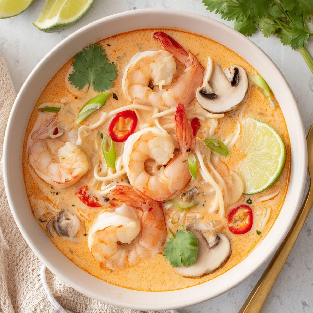 Sopa cremosa de Thai Coconut Shrimp con camarones rosados, leche de coco y hierbas frescas servida en tazón.