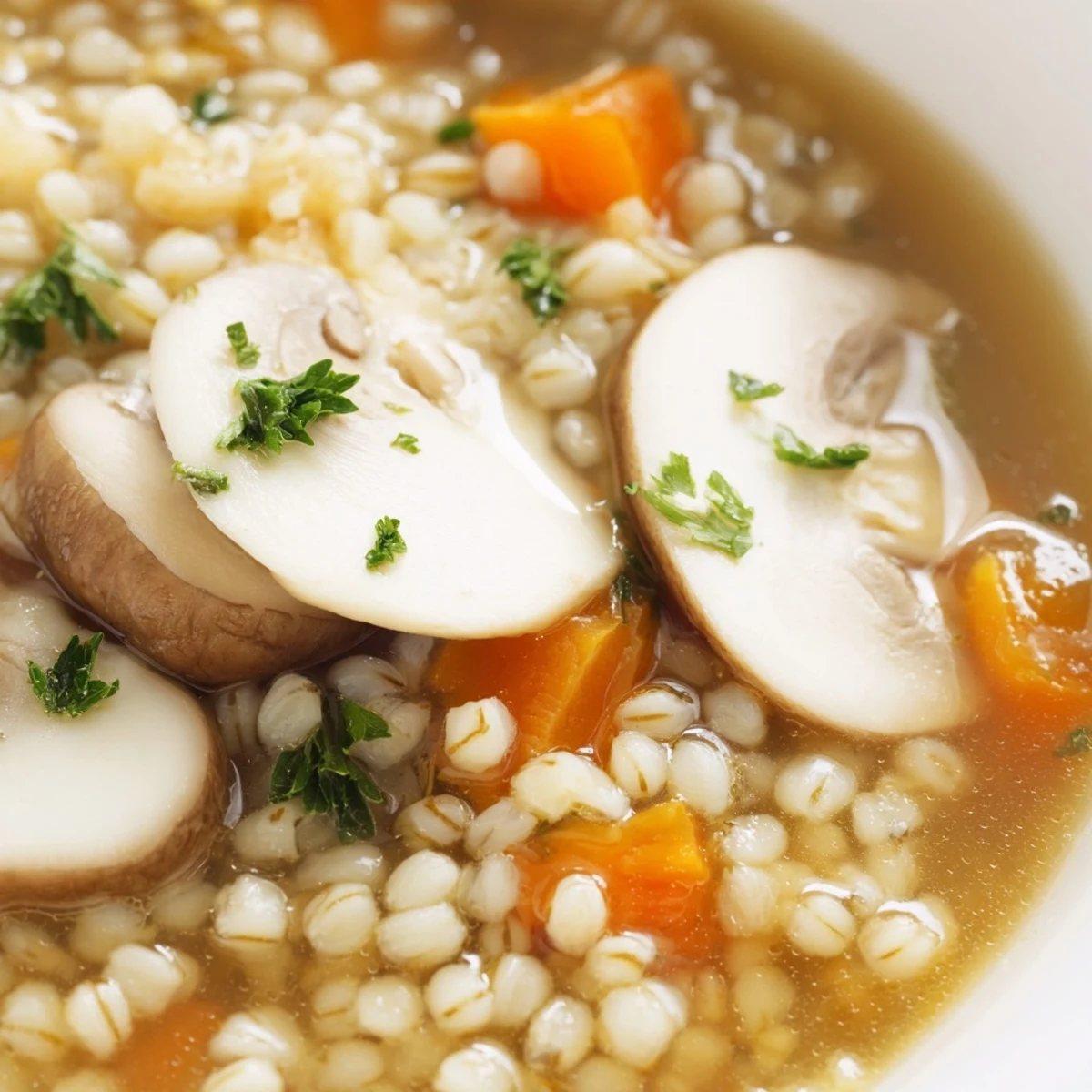 Una cacerola humeante de sopa de cebada con champiñones, servida con un trozo de pan centeno crujiente al lado.