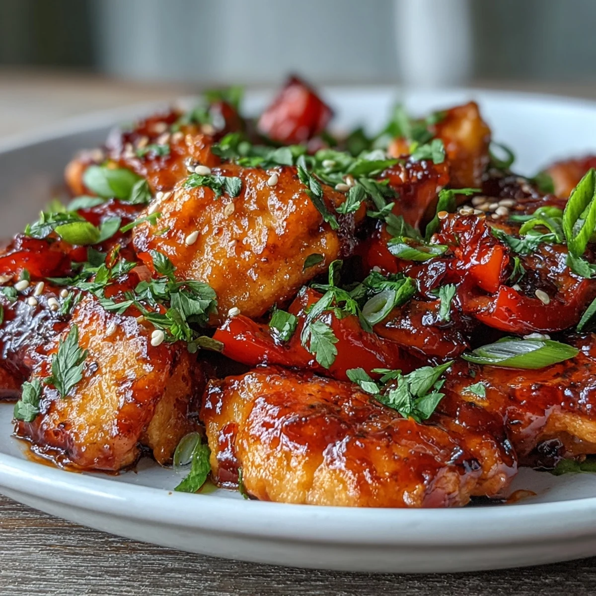 Golden-brown spicy sweet chicken diablo tossed with vibrant bell peppers and snap peas in a glossy sauce.
