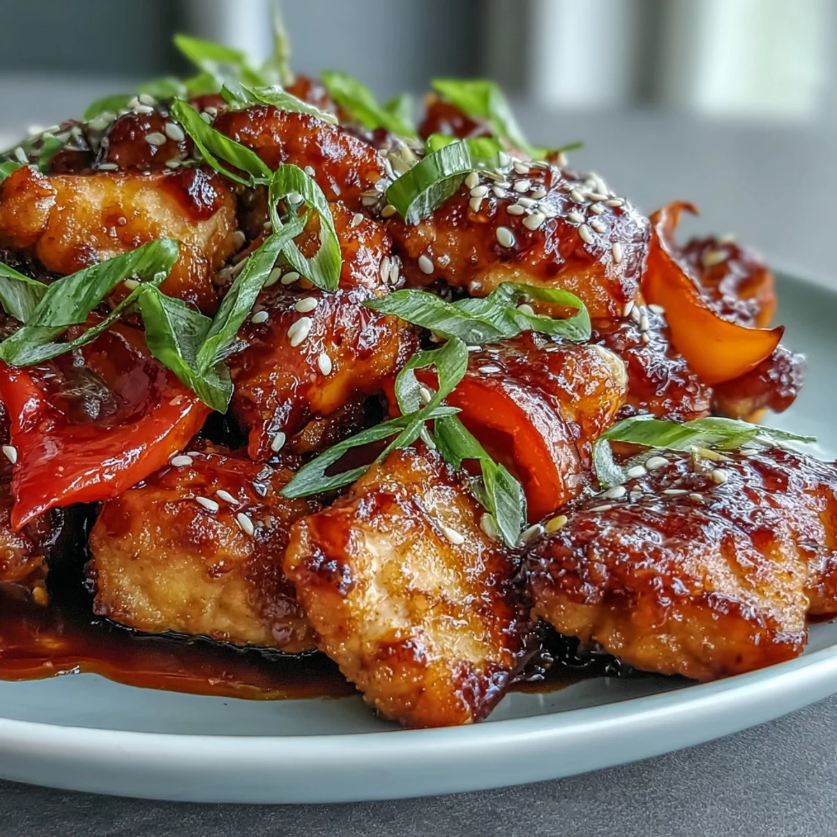 A skillet of spicy sweet chicken diablo served over jasmine rice, garnished with fresh green onions.