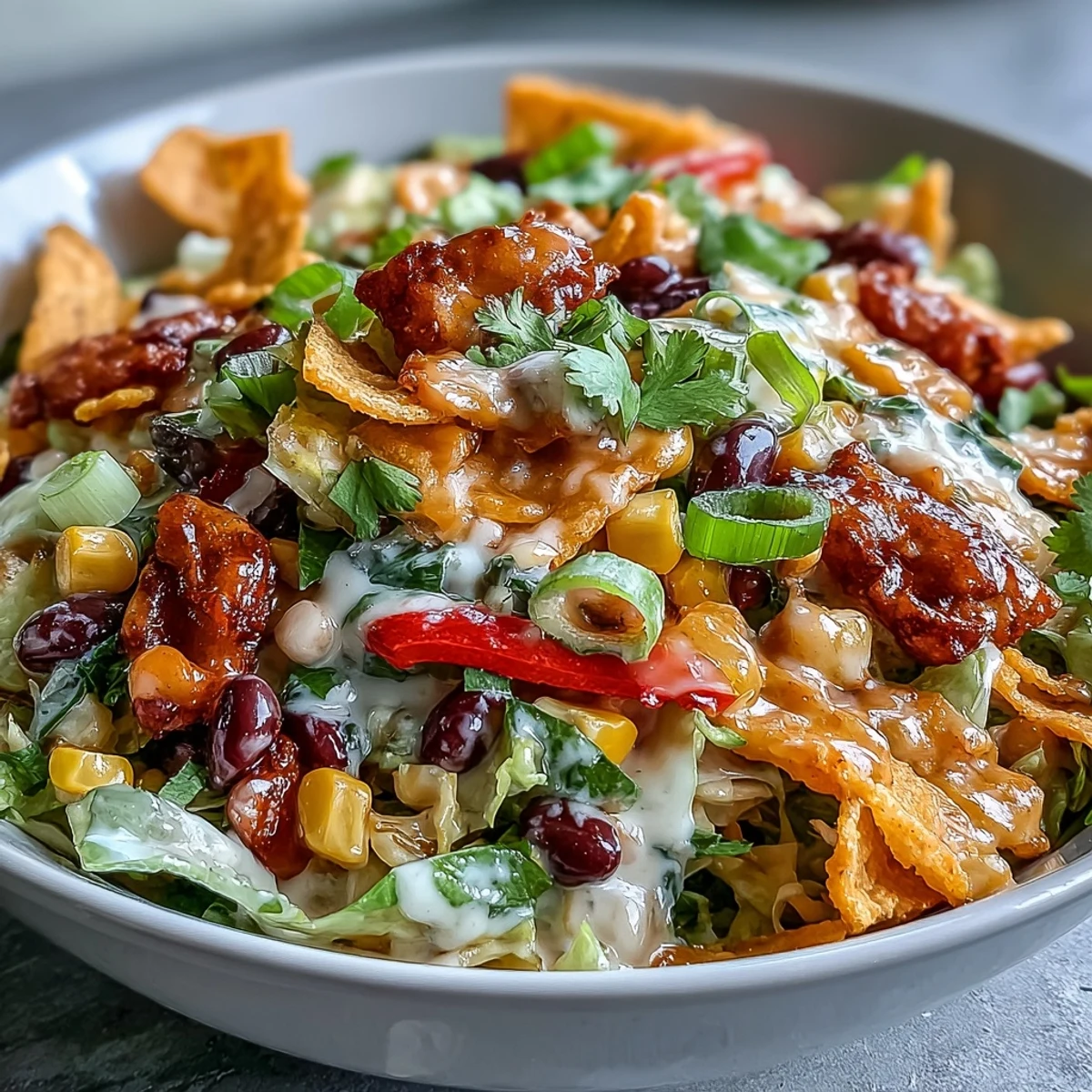 A vibrant Frito Cowboy Cabbage salad topped with crunchy Chili Cheese Fritos and fresh cilantro.  