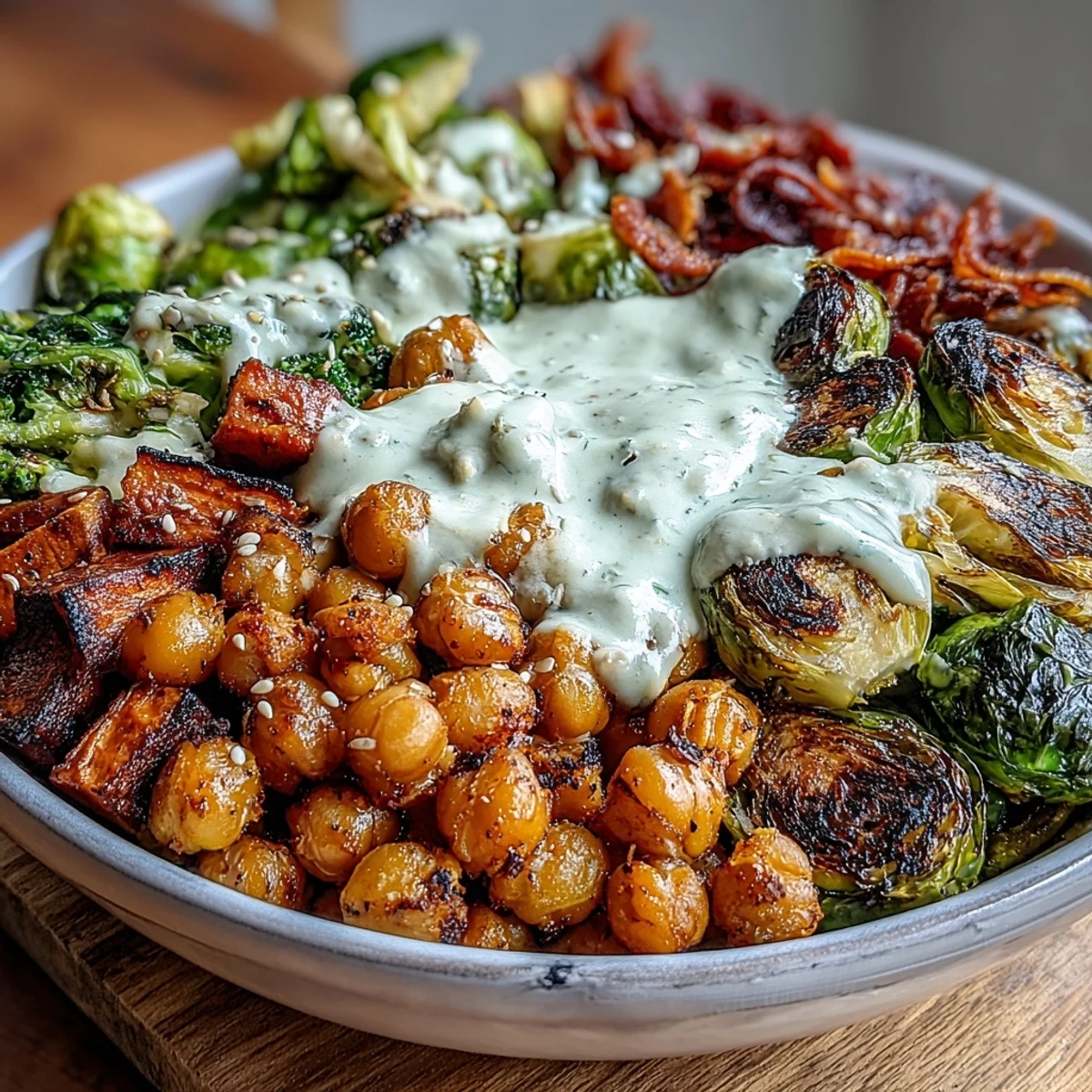Crispy chickpeas and roasted broccoli, sweet potato, and Brussels sprouts in a bowl, drizzled with creamy maple Dijon tahini dressing for a plant-based dinner.  