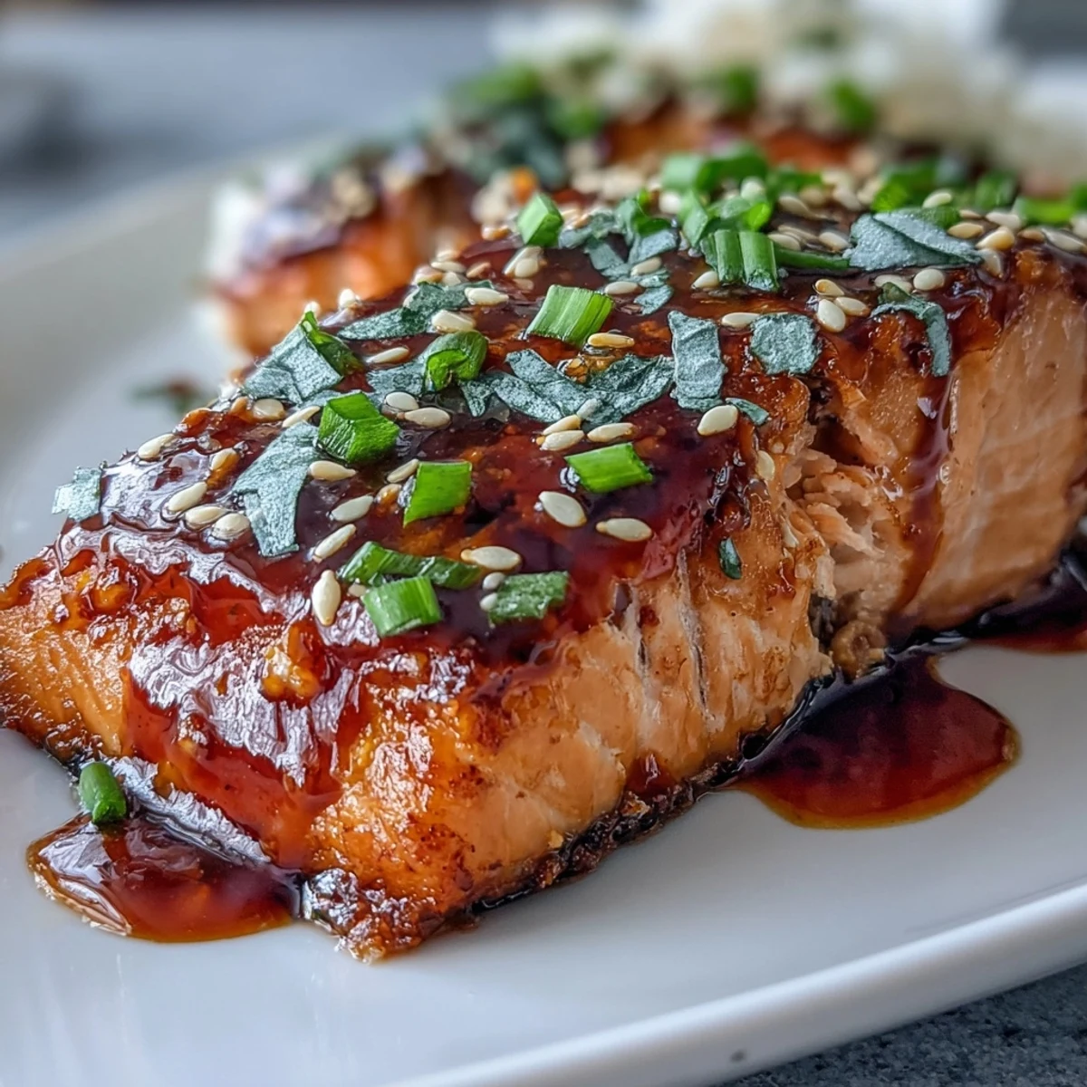 Un plato vibrante de Bang Bang Salmon con salsa cremosa y un toque picante, servido sobre cama de arroz.