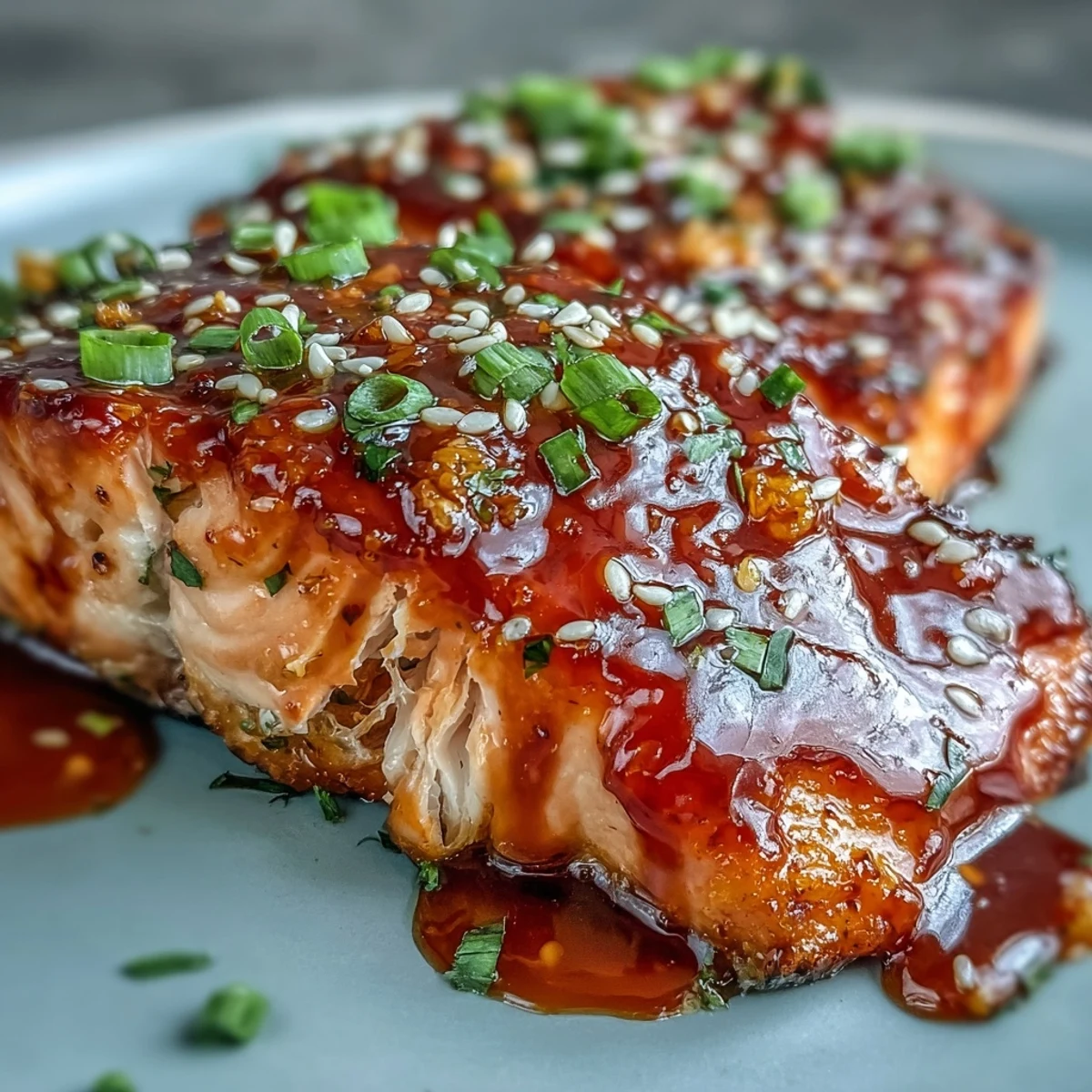 Salmón Bang Bang en una sartén caliente, con salsa de chile dulce y un chorrito de miel, ideal para una cena fácil.