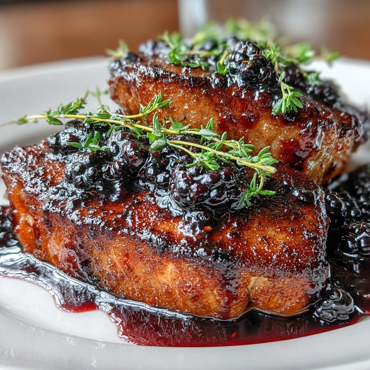 Un plato principal atractivo para cuatro porciones: chuletas de cerdo doradas cubiertas con una salsa agridulce y bourbon, con moras frescas.