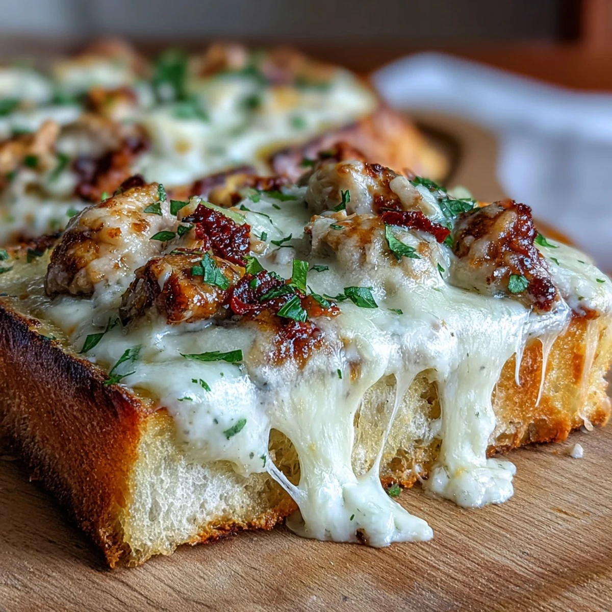 Pan de corteza crujiente cubierto con salsa Alfredo cremosa, pollo dorado y queso fundido, perfecto para una cena familiar.