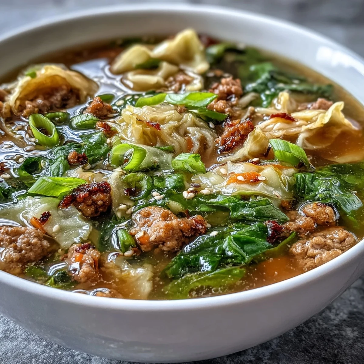 Un bol humeante de sopa de rollos fritos con cerdo molido, repollo, cebollín y hilo de huevo, en un fondo de cocina rústica.