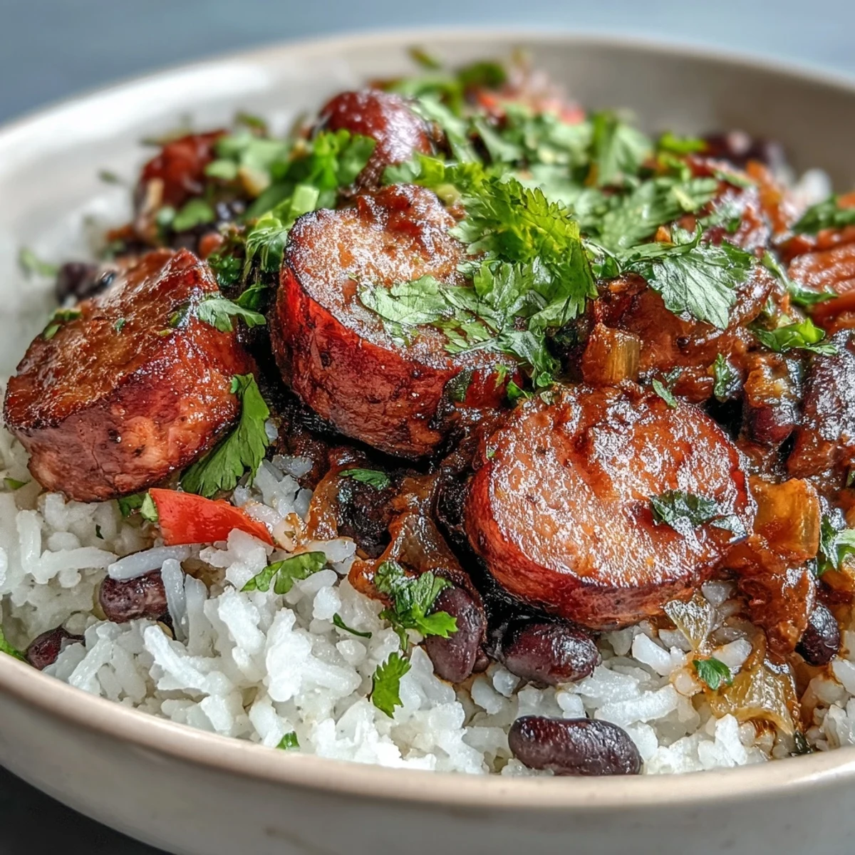 Black Beans, Sausage, and Rice Skillet simmered with smoky spices, served steaming with lime wedges for a zesty finish.  