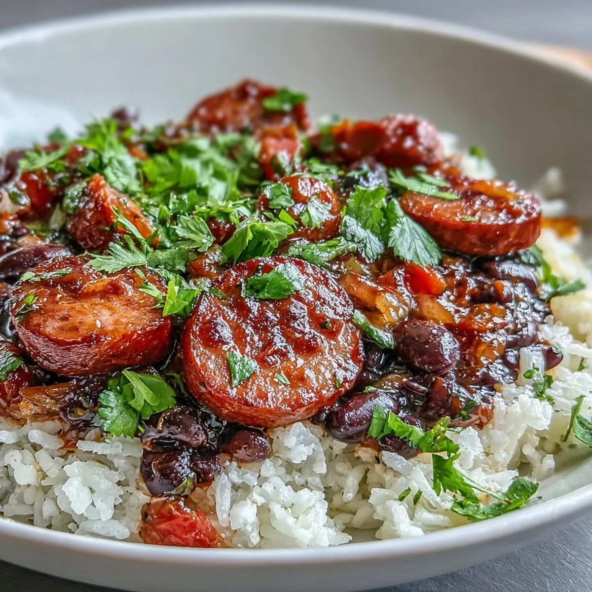 One-pan Black Beans, Sausage, and Rice Skillet topped with fresh cilantro, ready for a busy weeknight family dinner.