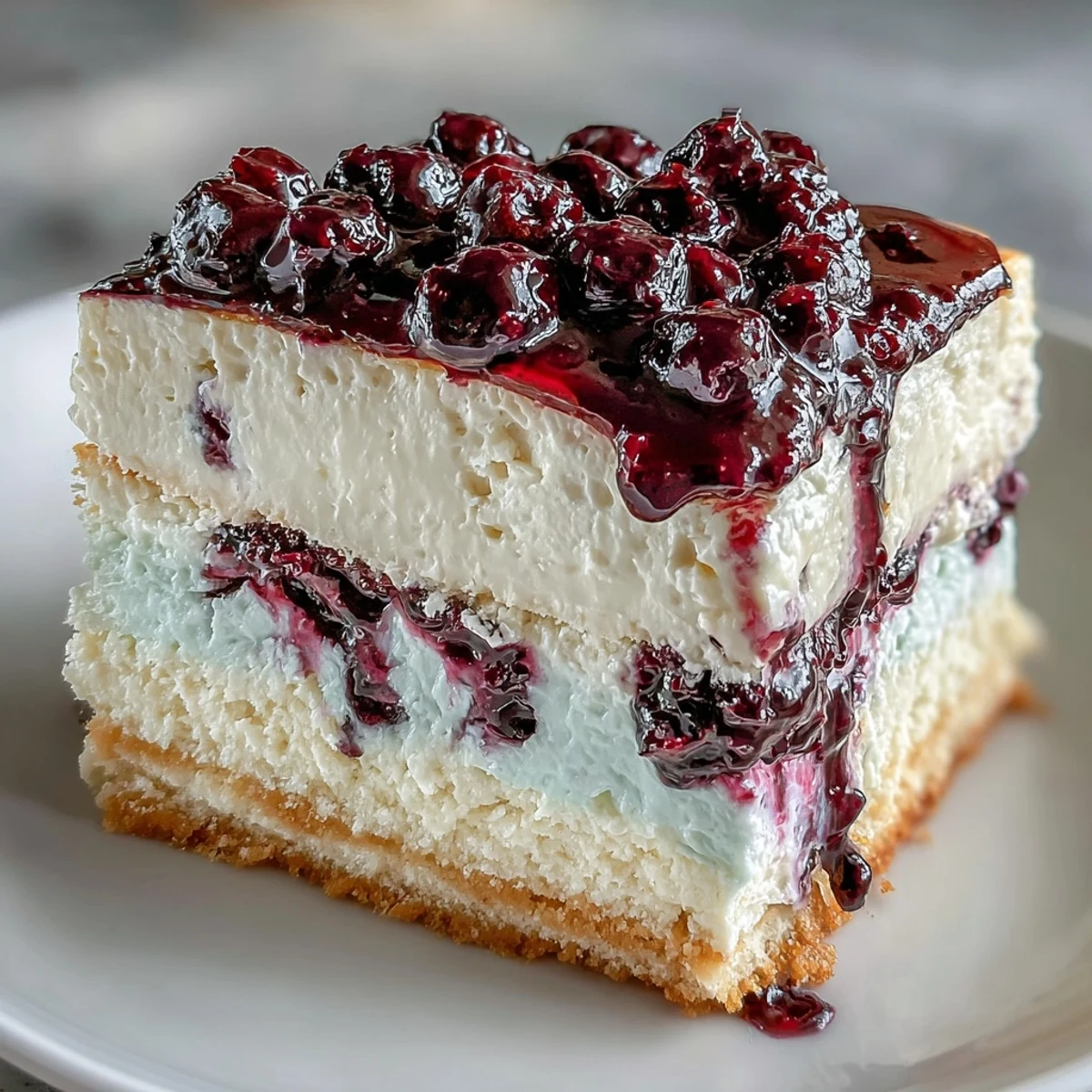 Porción de pastel de mousse de limón con arándanos servida sobre un plato azul para postre.