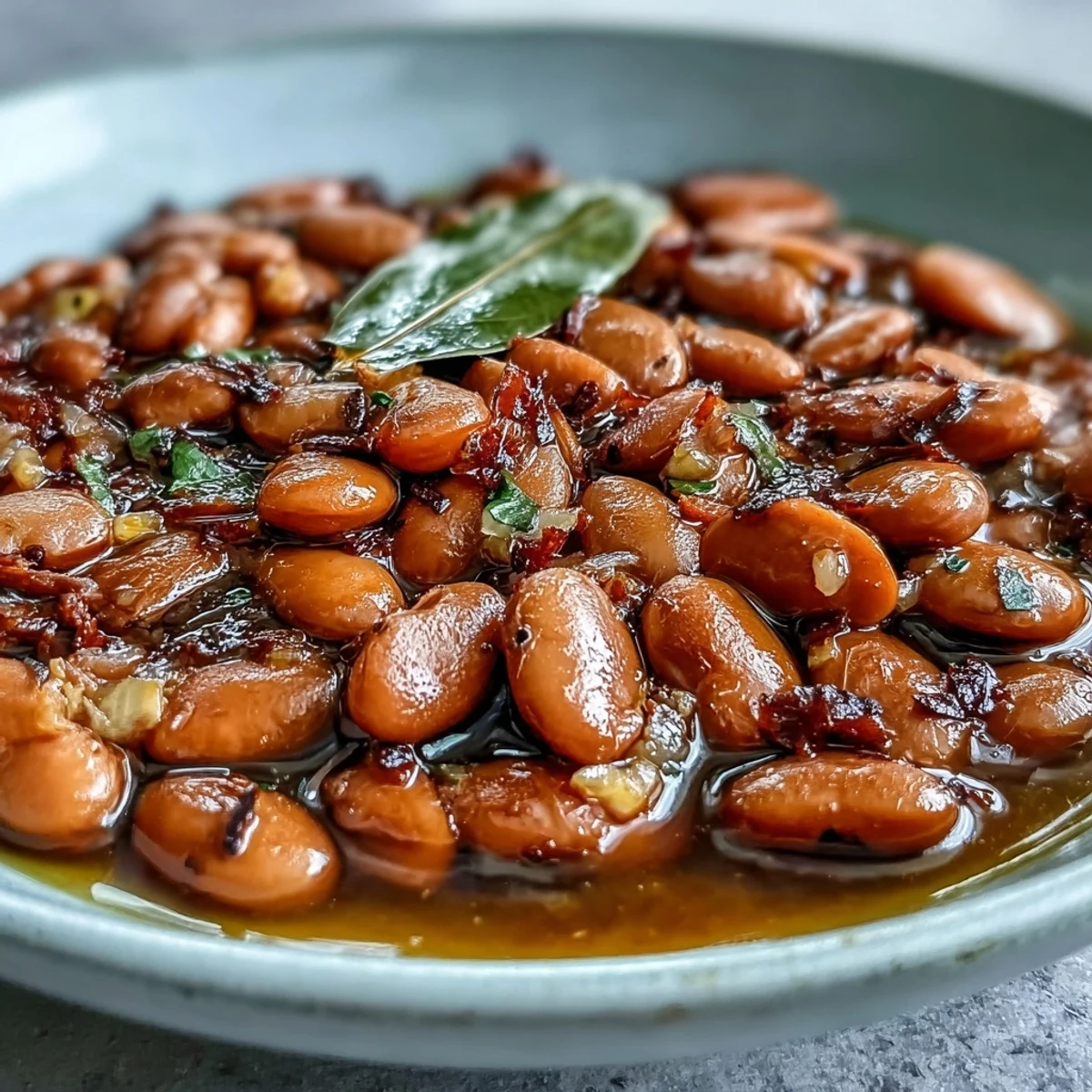 Tender, creamy pinto beans slow-simmered with onion, garlic, and bay leaves, served warm in a rustic bowl.