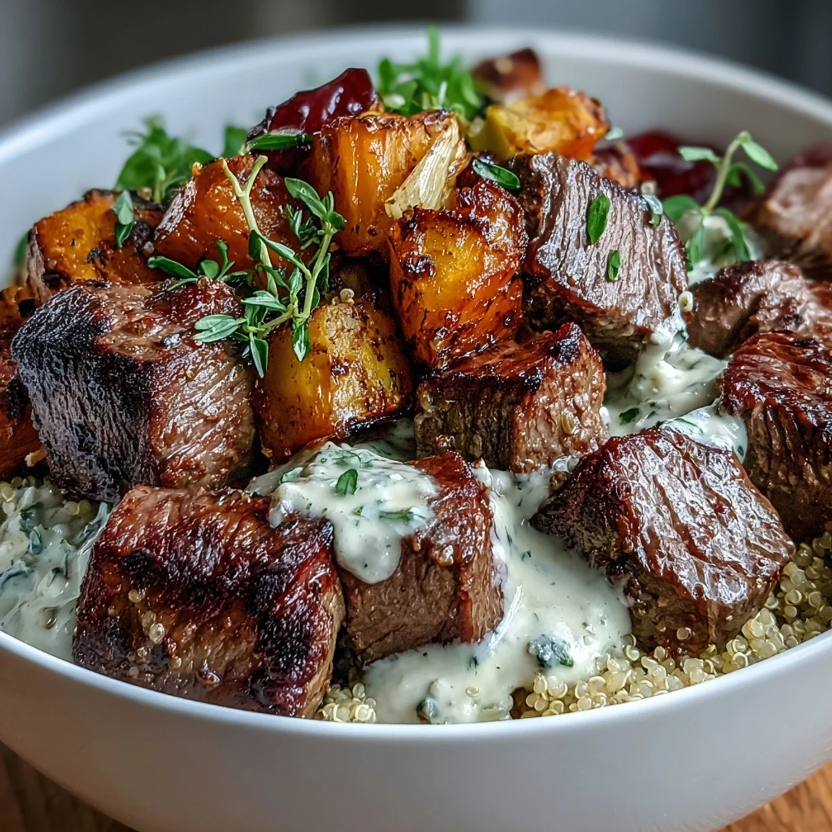 Un bol de arroz quinoa con cubos de ternera sellados, calabaza asada y una salsa cremosa de hierbas.