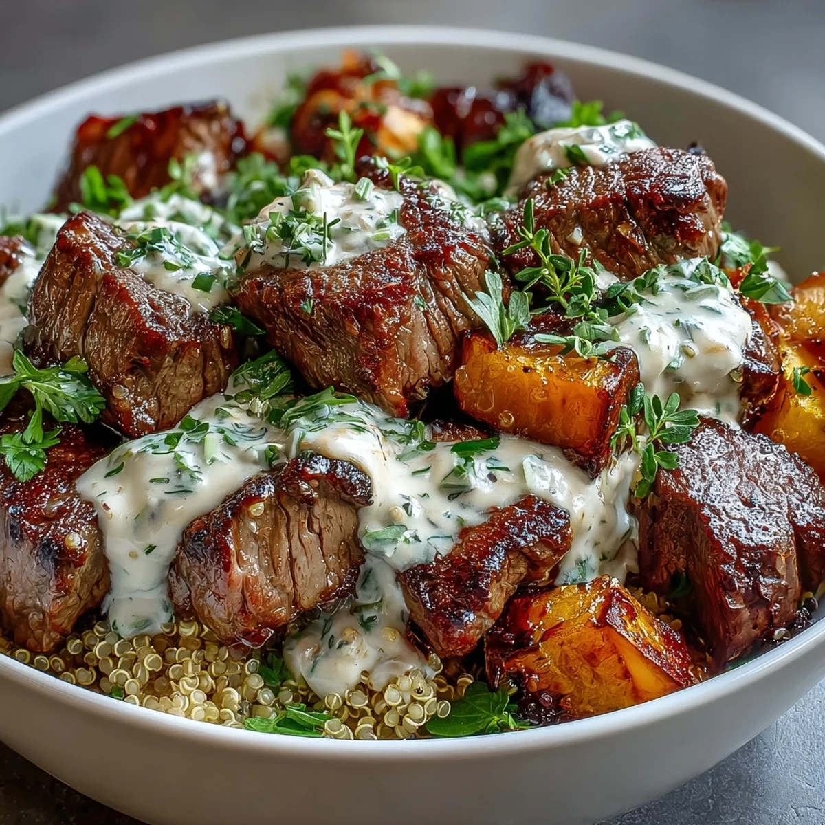Un primer plano de un bol de quinoa, cubos de ternera marrón dorado y trozos de calabaza naranja en una cama de salsa.