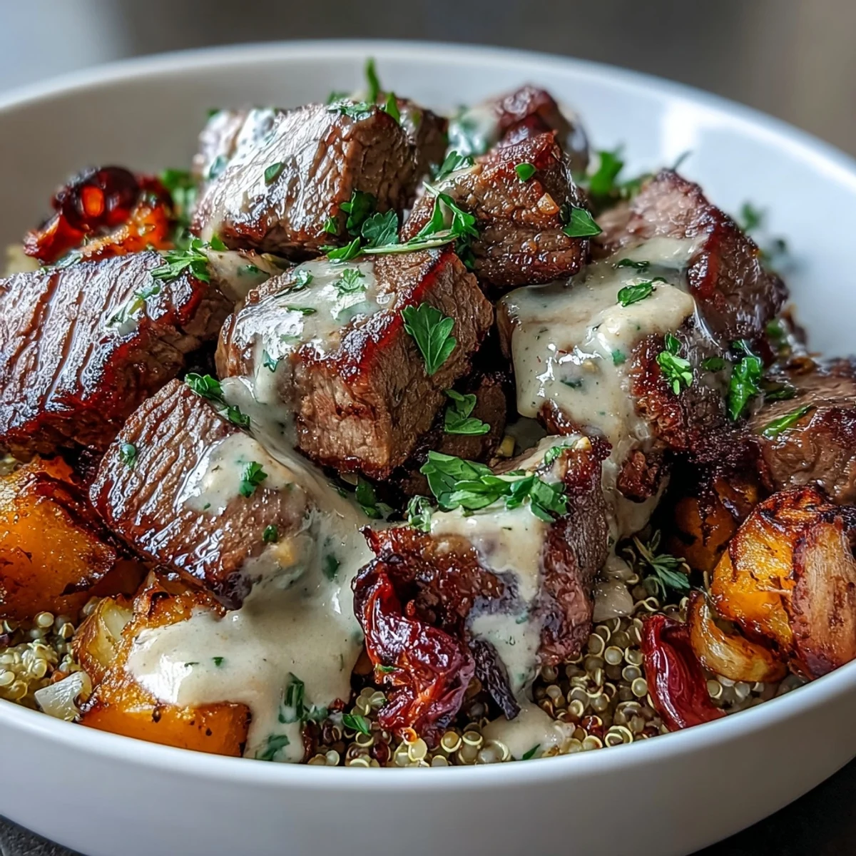 Este bol nutritivo de Savory Butternut Squash & Garlic Herb Steak combina carne tierna, calabaza dulce y quinoa esponjosa para una cena completa.