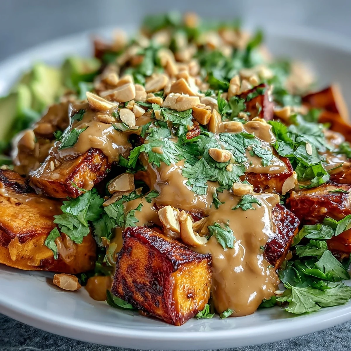 Un bol vibrante con batata asada y cremosa salsa de cacahuete tailandesa.