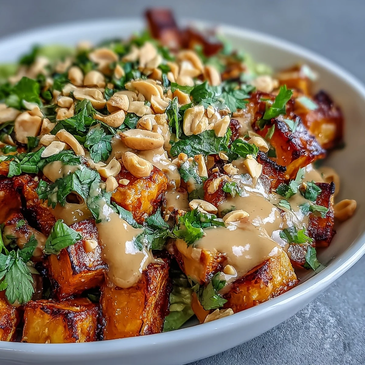 Saborea este nutritivo bol de batata tailandesa cubierto con salsa de cacahuete casera.