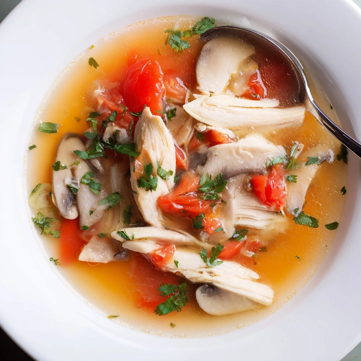 A close-up view of steaming Tom Yum Gai, garnished with fresh cilantro and a lime wedge on the side.