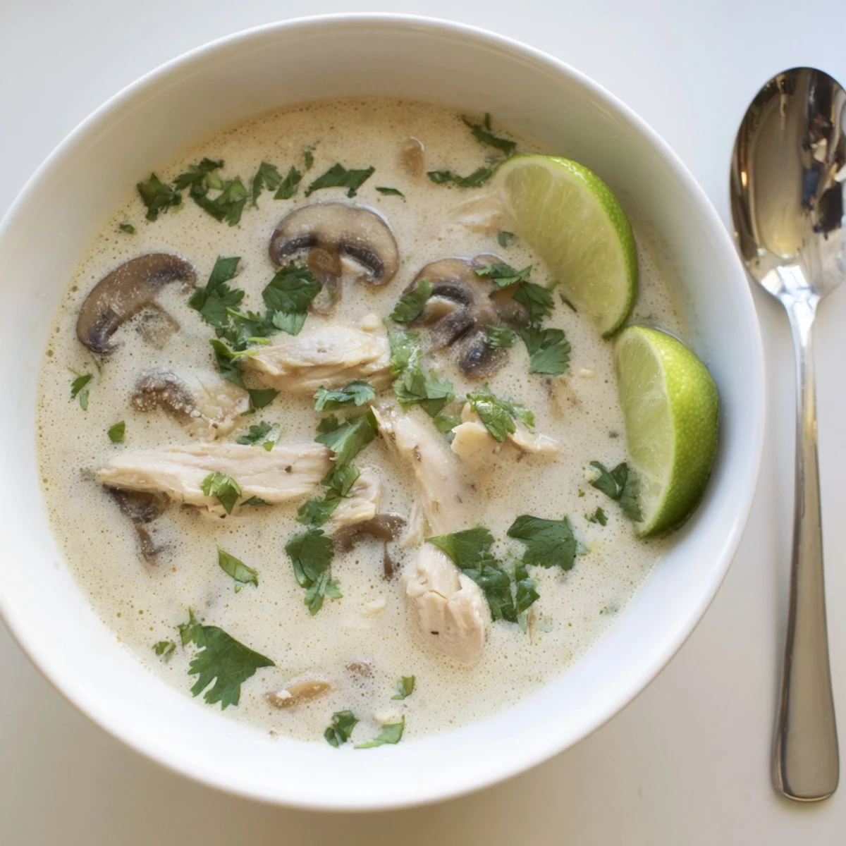 Cremosa sopa tailandesa Tom Kha con pollo tierno y setas en un bol decorado con cilantro fresco.