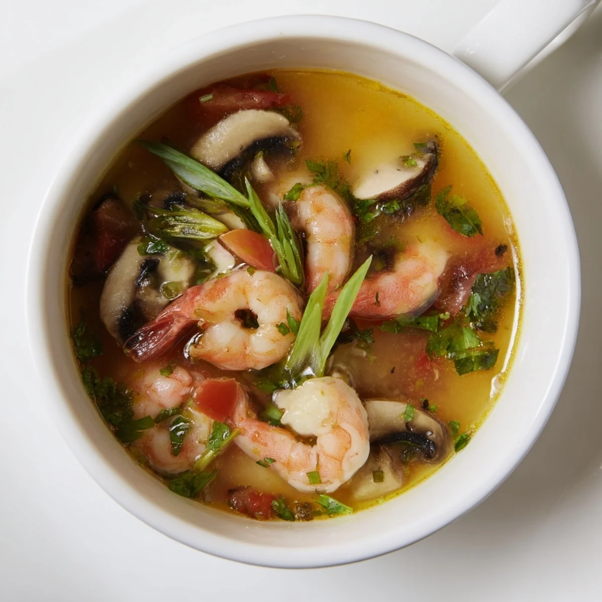 Un bowl de Tom Yum Soup brillante, con camarones rosados, cilantro fresco y rodajas de limón.