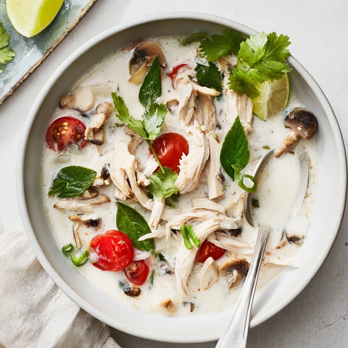 La sopa Best Ever Tom Kha Gai caliente, cremosa y aromática, con pollo tierno, champiñones y hierbas frescas.