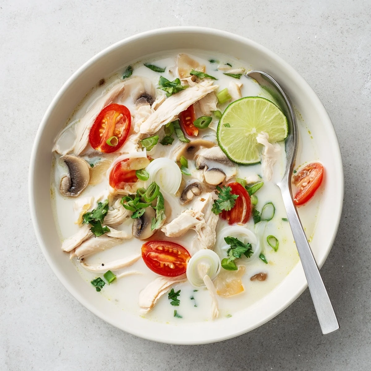 Una tazón de la sopa Best Ever Tom Kha Gai servida con rodajas de limón y cilantro.