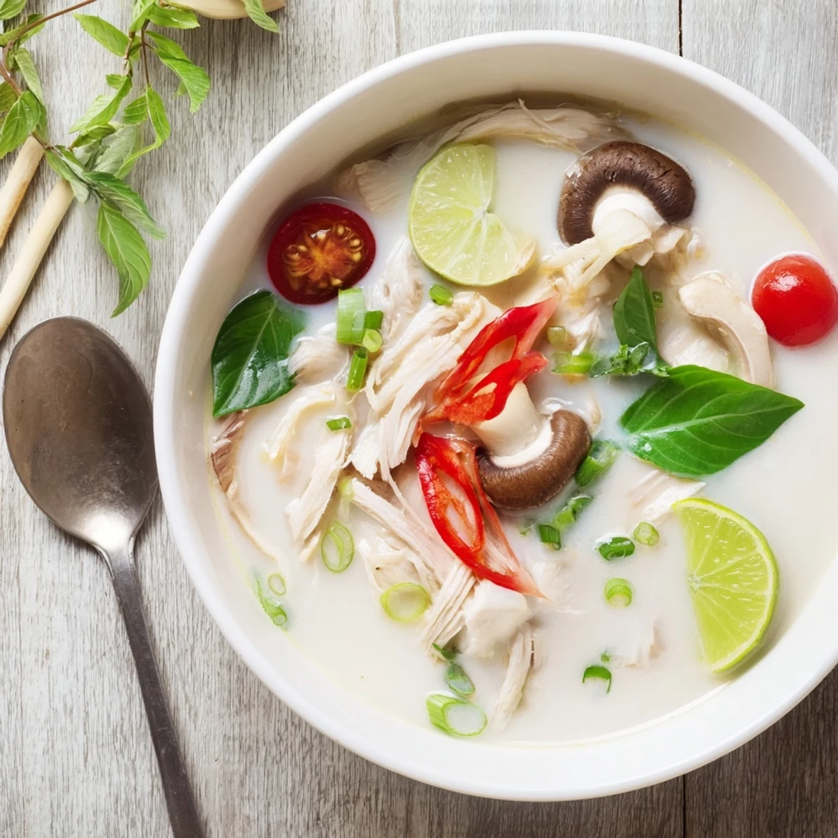 Cubos de pollo y setas en la sopa Best Ever Tom Kha Gai, con un caldo lechoso y notas picantes.