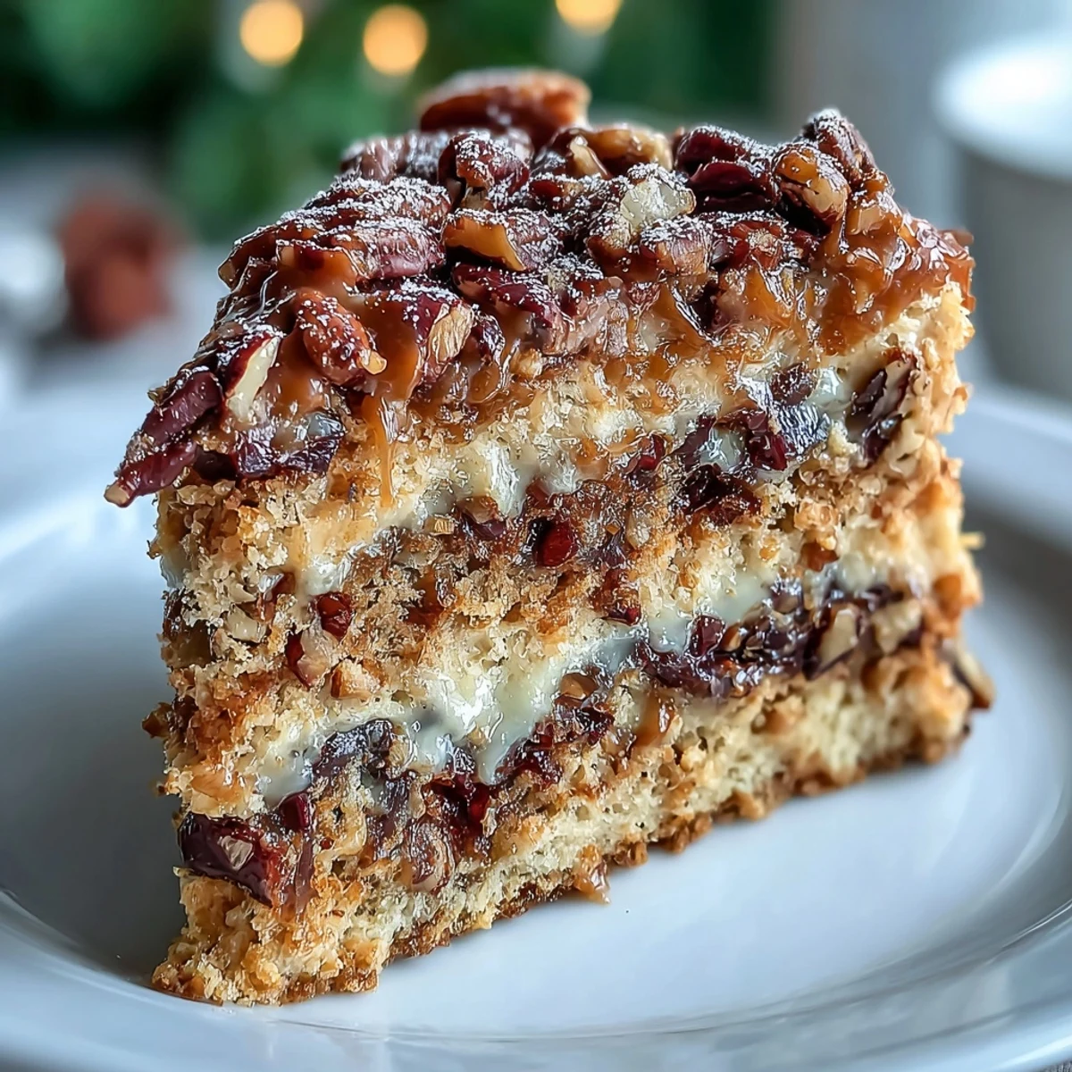 Un trozo de Christmas Toffee Crunch Cake esponjoso con virutas de toffee brillantes y trozos de nuez tostada.