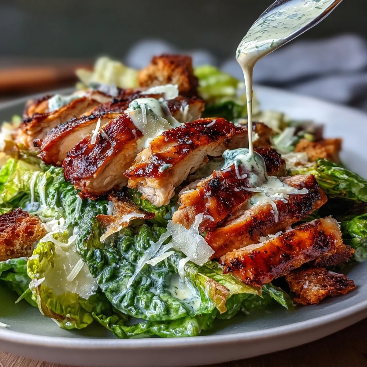 Un bol de pollo a la parrilla, cubierto con aderezo cremoso y crutones crujientes.