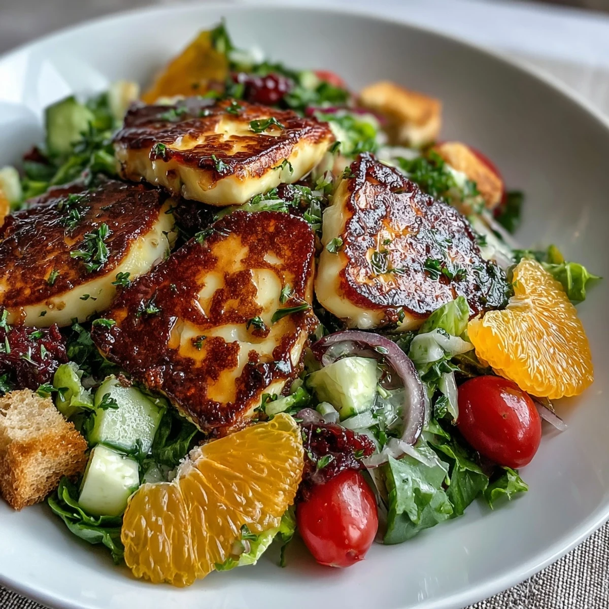 Halloumi Blood Orange Fattoush brillante con halloumi dorado y naranja sanguina jugosa.