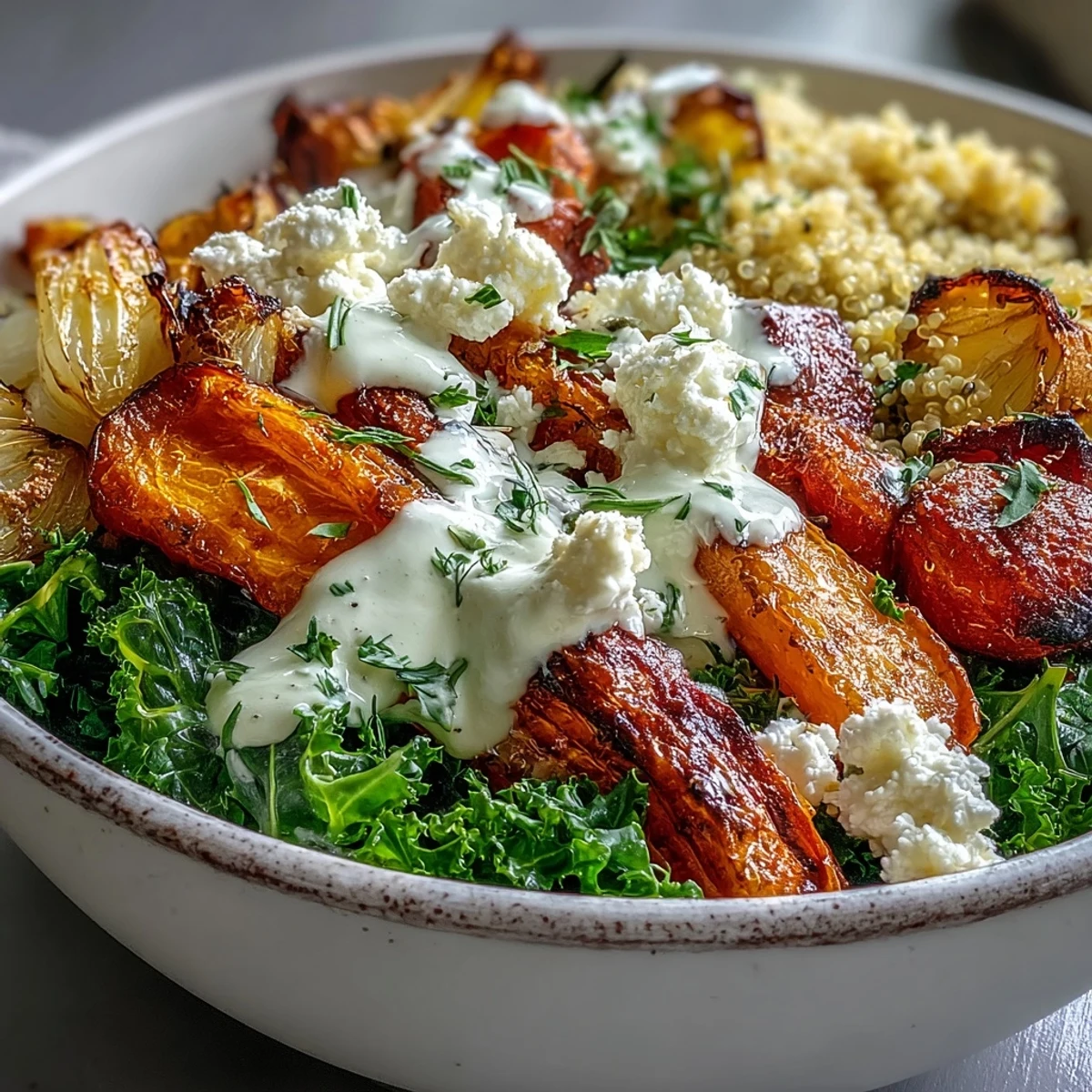 Bol de Granos Sustancioso de Invierno con vegetales asados y aderezo cremoso.