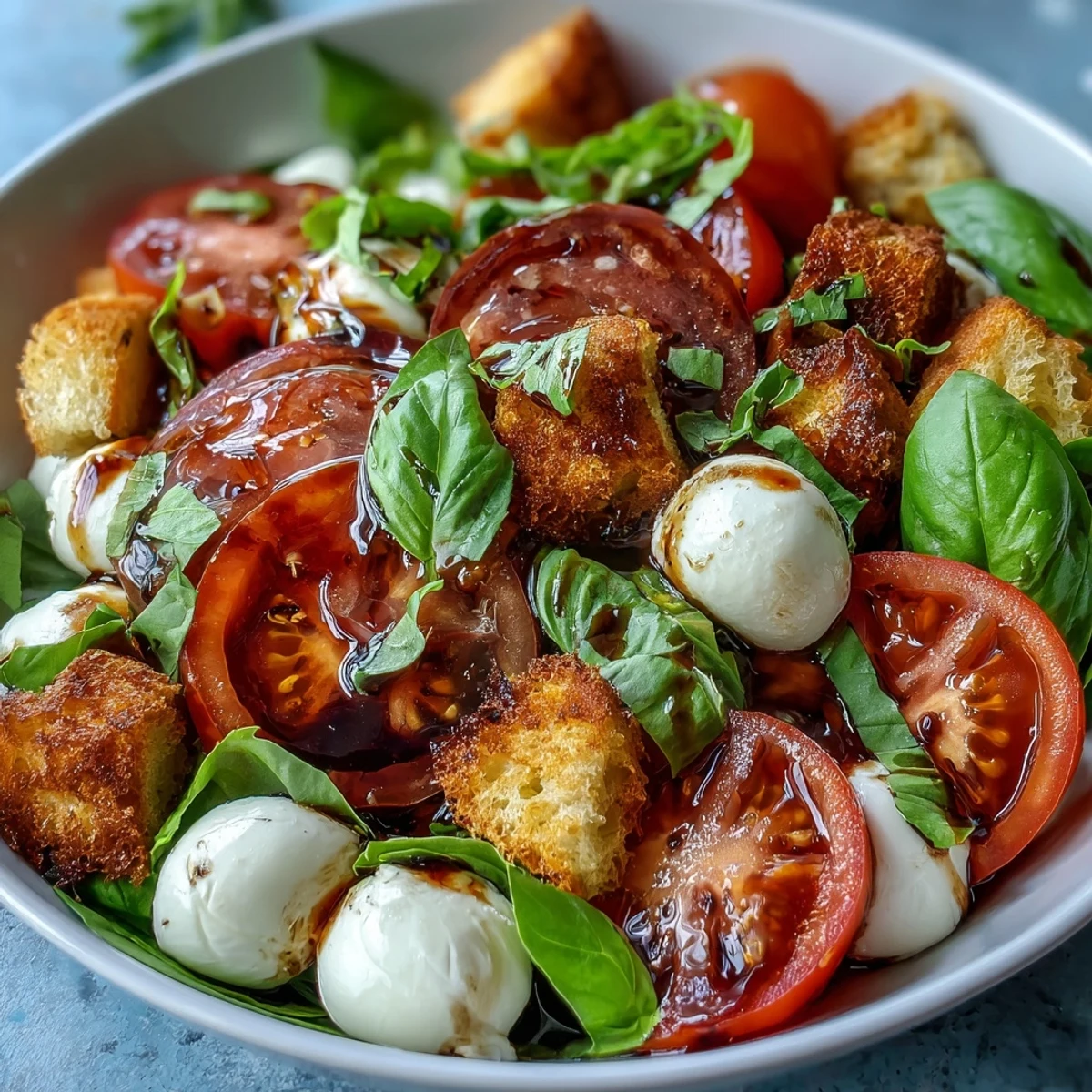 Caprese Salad Bowl: tomates rojos brillantes, mozzarella fresca y albahaca perfumada.