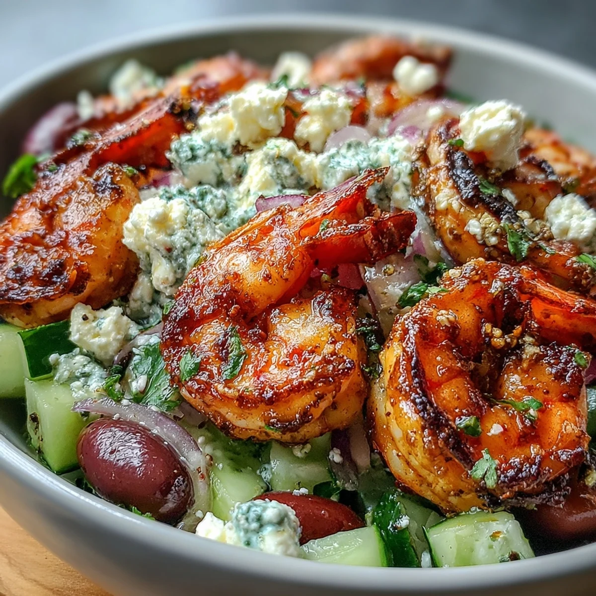 Un vibrante tazón griego de camarones, coronado con feta desmenuzada y aderezo de limón.