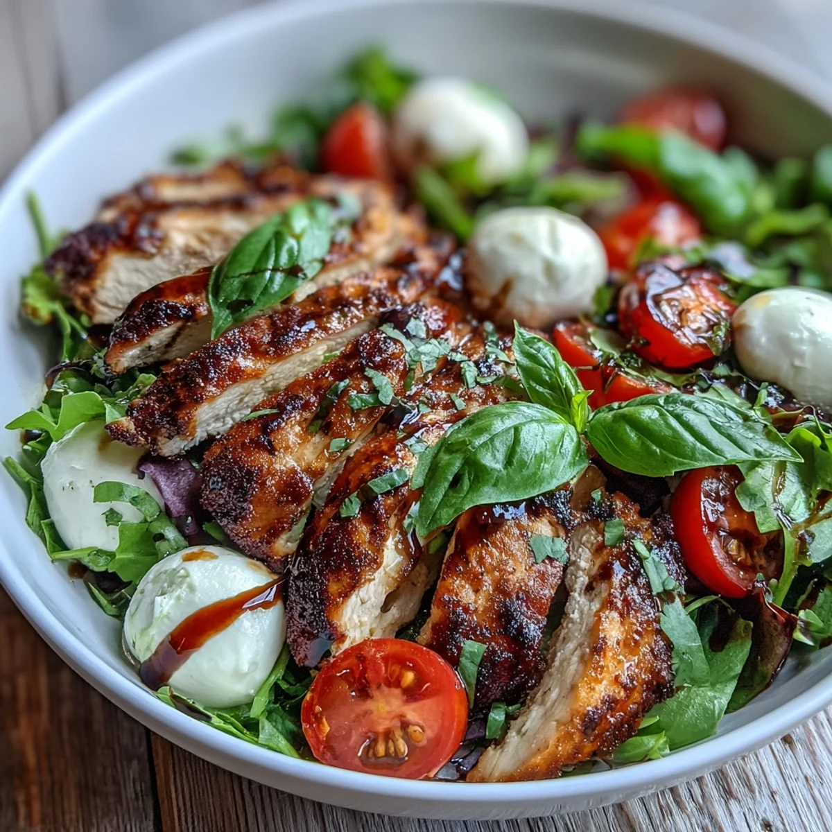 Cremosa mozzarella y tomates jugosos coronan pollo a la parrilla con reducción balsámica en un bowl Caprese Chicken Bowl.
