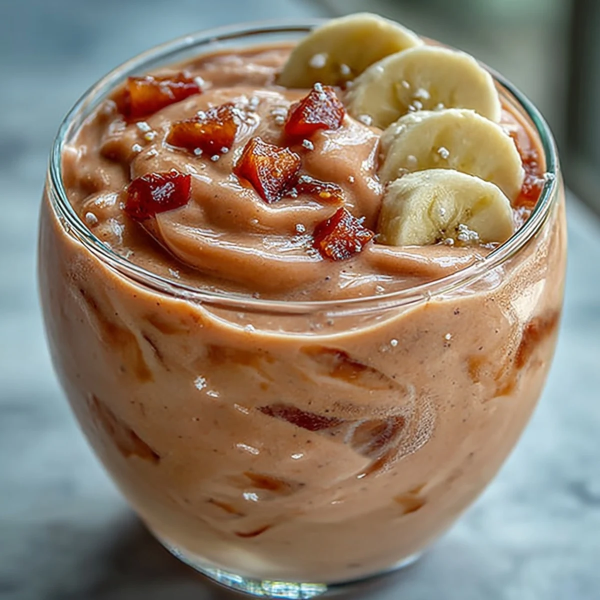 Guava Banana Smoothie en vaso transparente, espumoso y tropical con guarnición de rodajas de plátano.