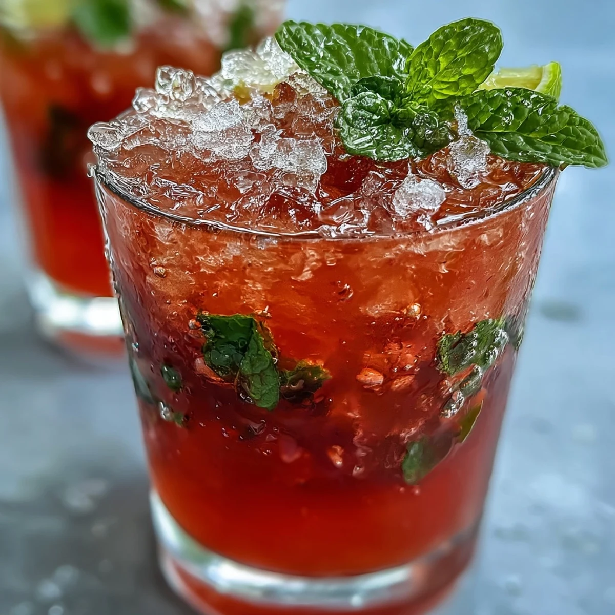 Cóctel Guava Mojito servido en vaso alto con menta fresca, rodaja de lima y hielo machacado para refrescar días de verano.