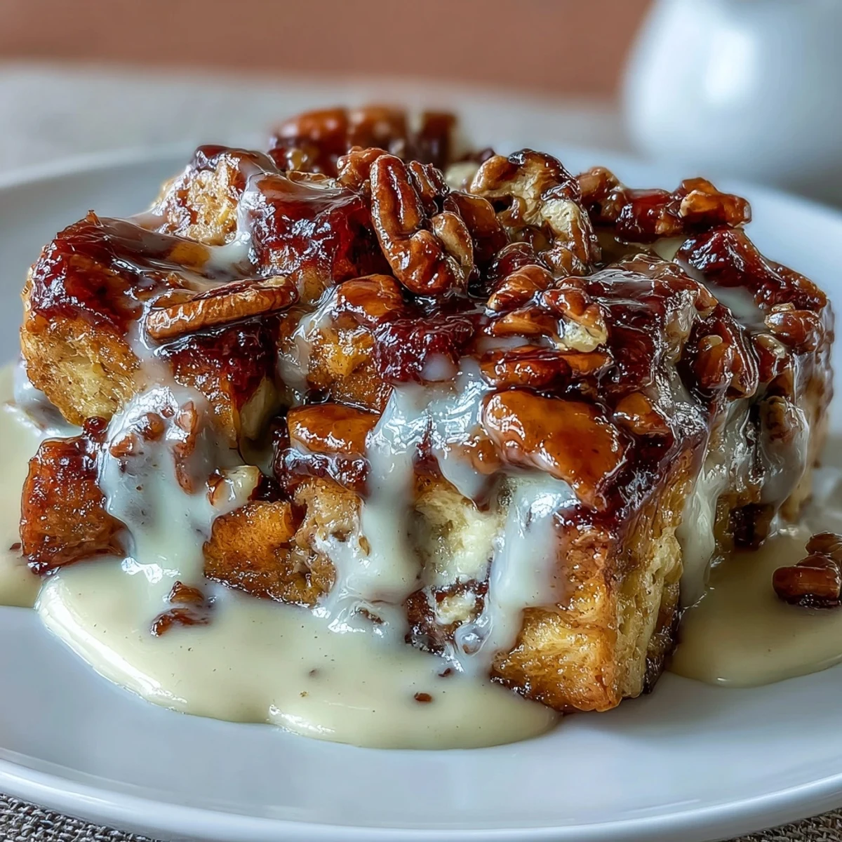 Guava Caramel Bread Pudding with Pecans baked golden and bubbling, ready to serve warm with a caramel drizzle.
