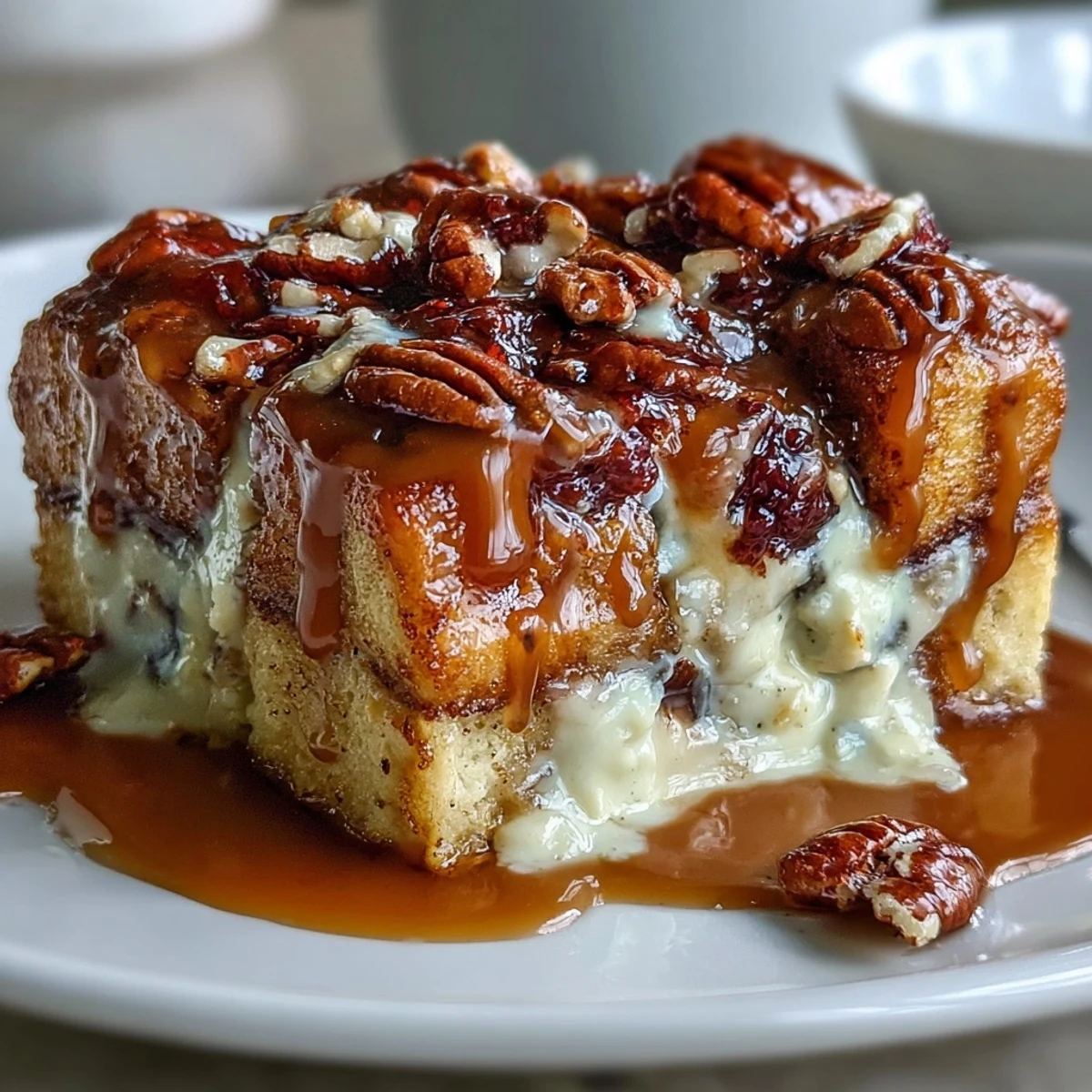 Golden Guava Caramel Bread Pudding with Pecans topped with crunchy nuts, served with vanilla ice cream.