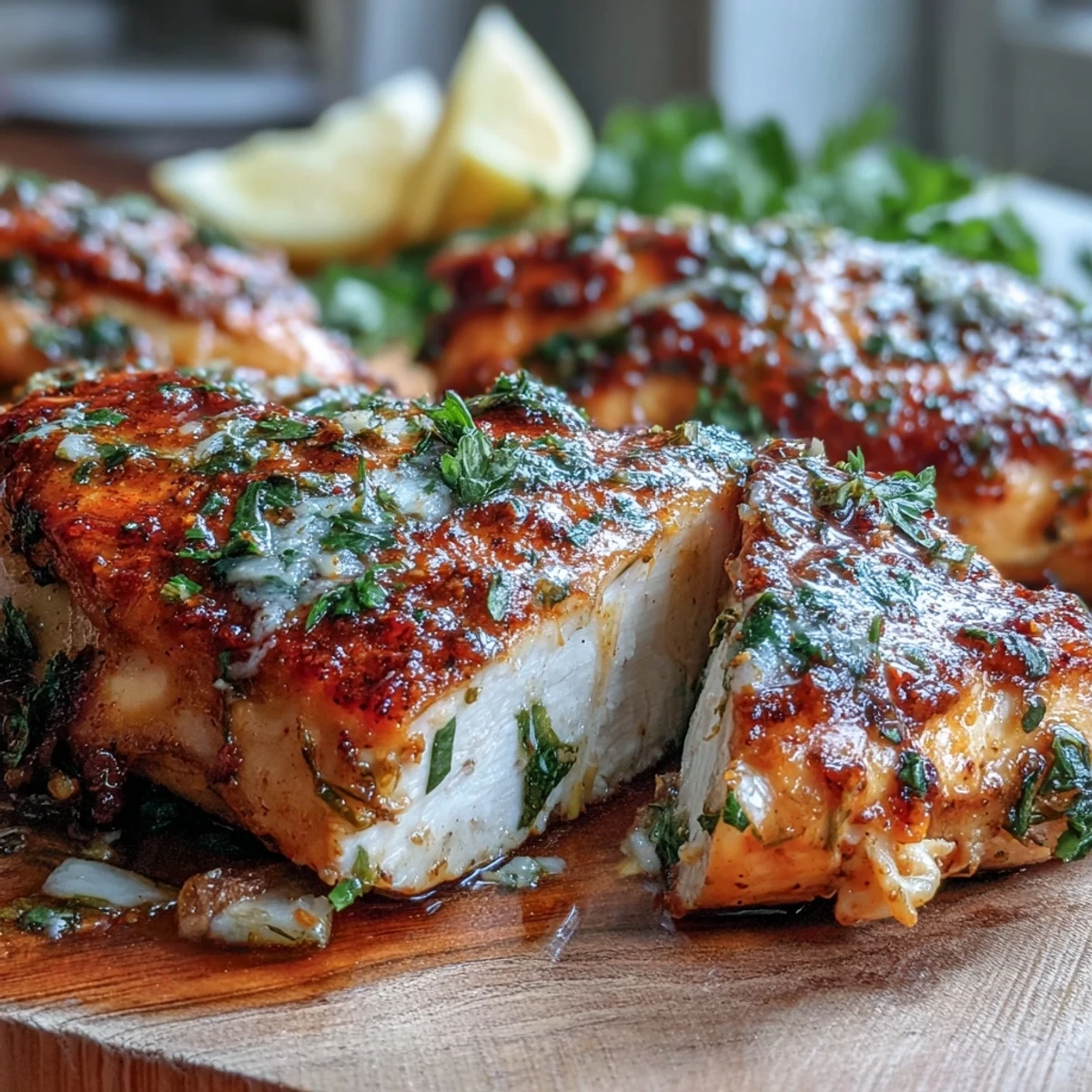 Perfectly baked oven baked chicken breast with golden edges and juicy insides, garnished with fresh parsley.