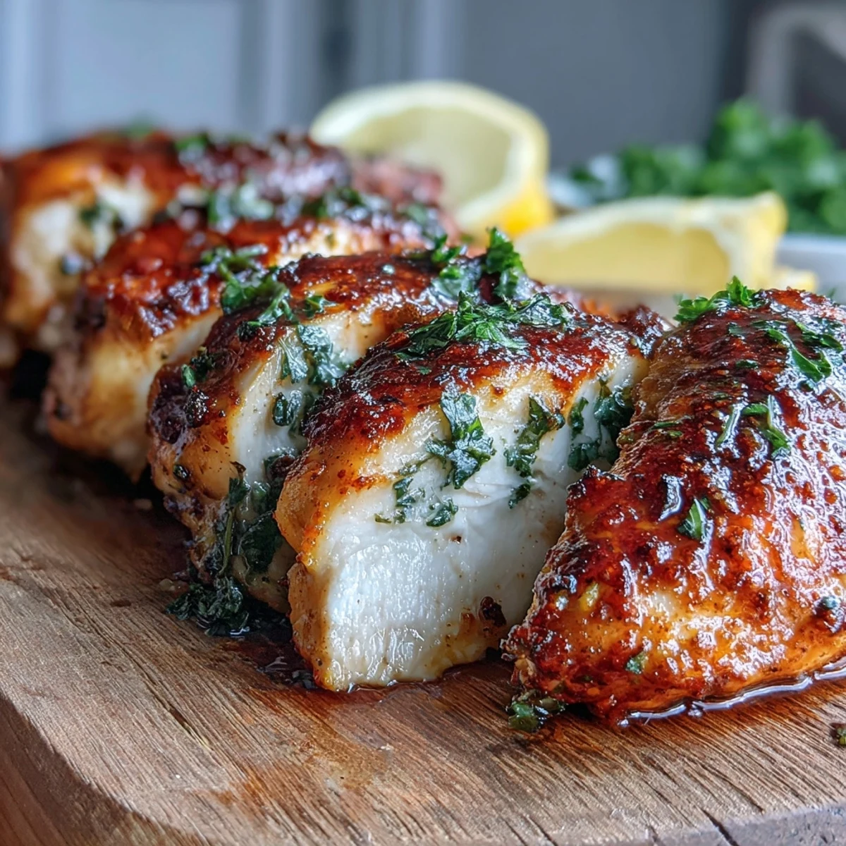 Sliced oven baked chicken breast served with roasted vegetables and lemon slices on a rustic plate.