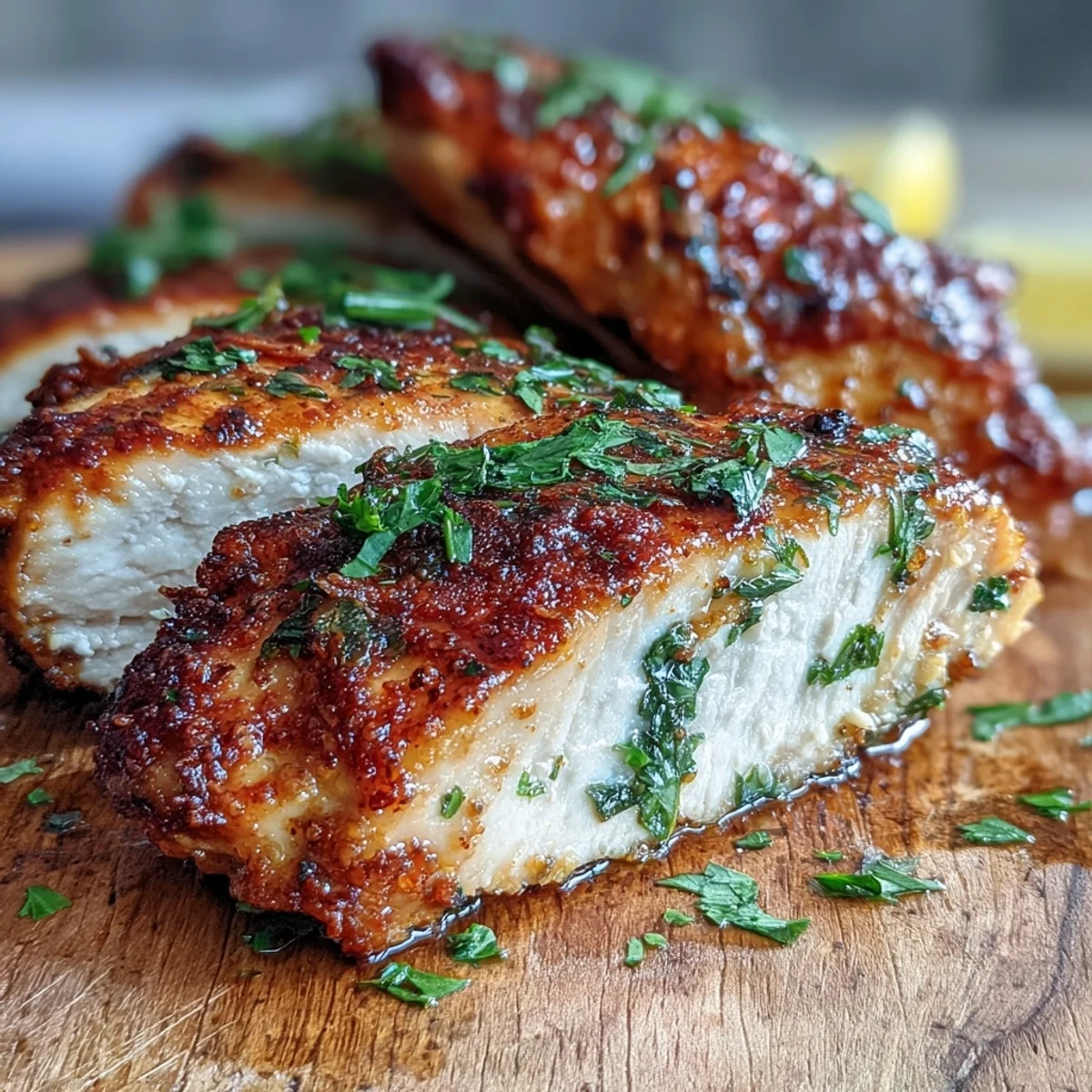 Freshly baked oven baked chicken breast seasoned with paprika, resting on a baking sheet with herbs.